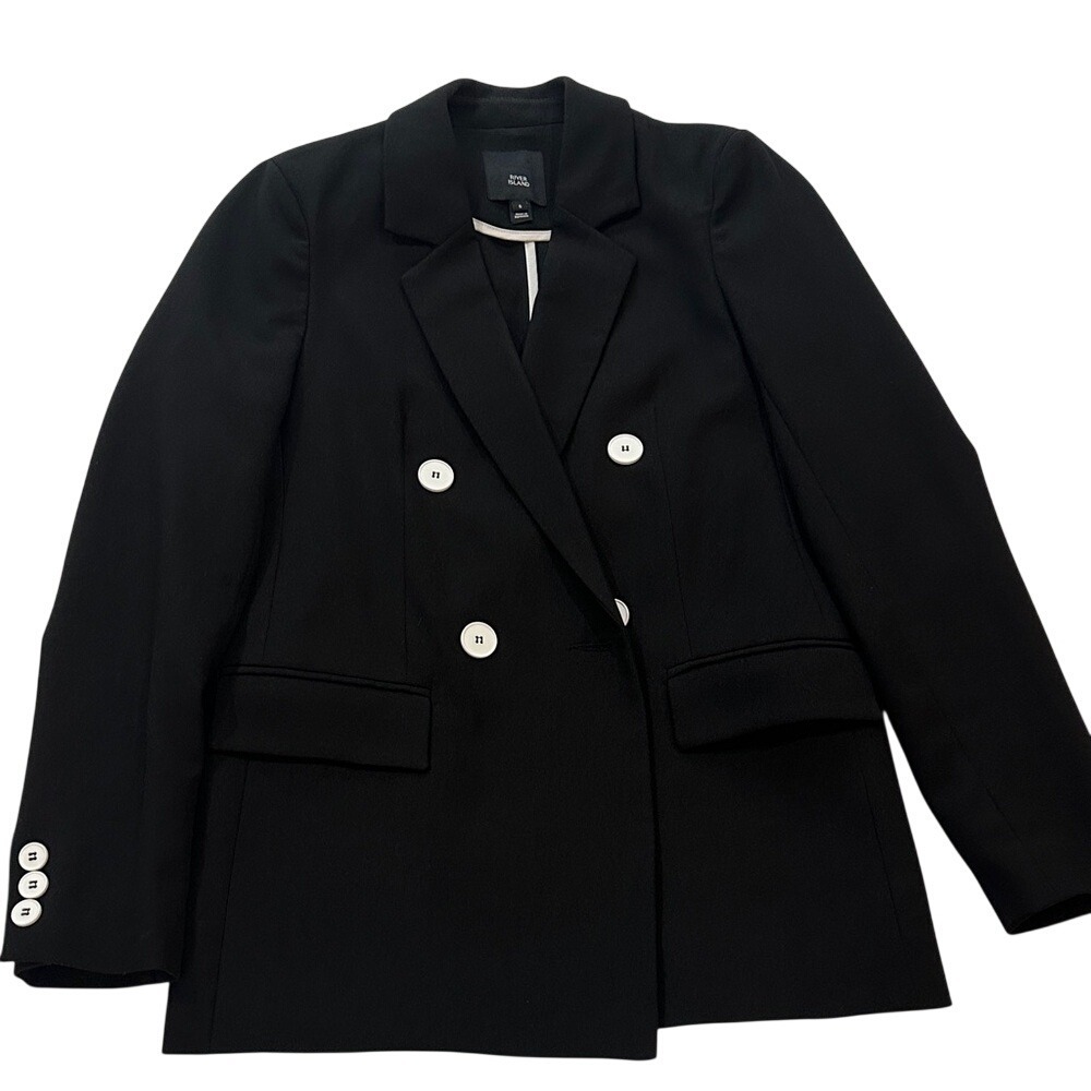 River Island Double-Breasted Black Blazer with White Accents